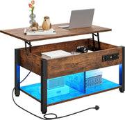 Lift-Top Coffee Table with Hidden Storage & LED Lights, Power Outlets