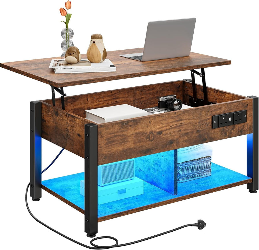 Lift-Top Coffee Table with Hidden Storage & LED Lights, Power Outlets
