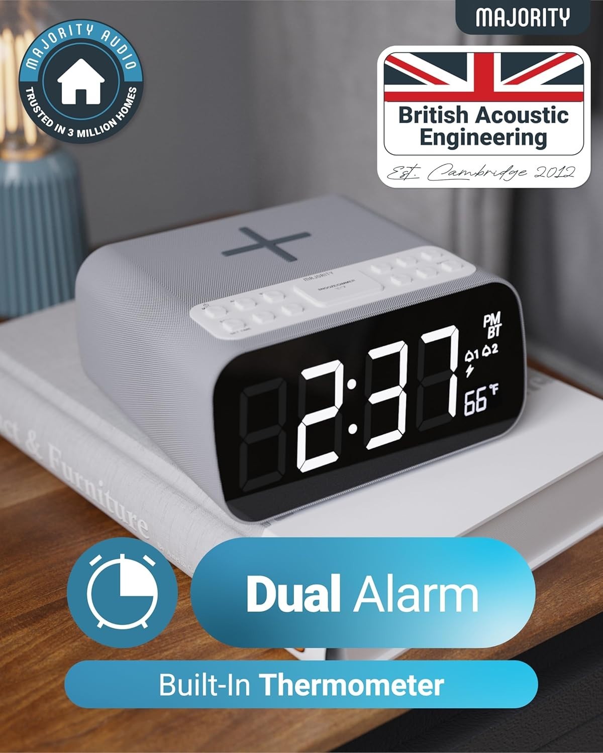 Bluetooth FM Alarm Clock Radio with Wireless Charging & Dual Alarm