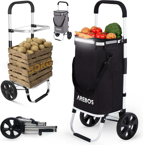 3-in-1 Folding Shopping Trolley 56L Cooler Bag Wheels Black