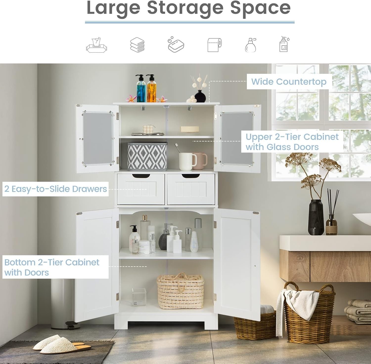 White Freestanding Storage Cabinet with Glass Doors & Drawers Shelves
