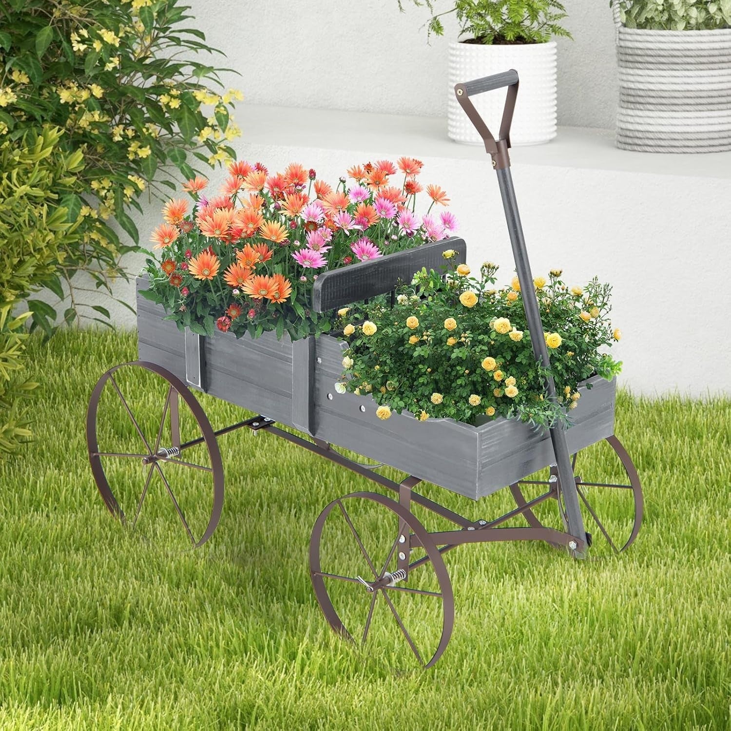 Decorative Wooden Garden Wagon Planter Cart with Wheels Rotatable Handle Grey