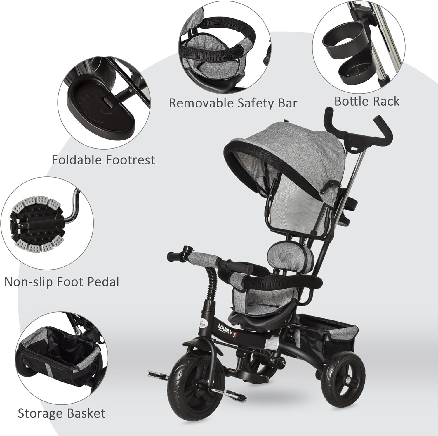 4 in 1 Kids Tricycle Toddler Trike Push Along Canopy Grey 18M-5Y