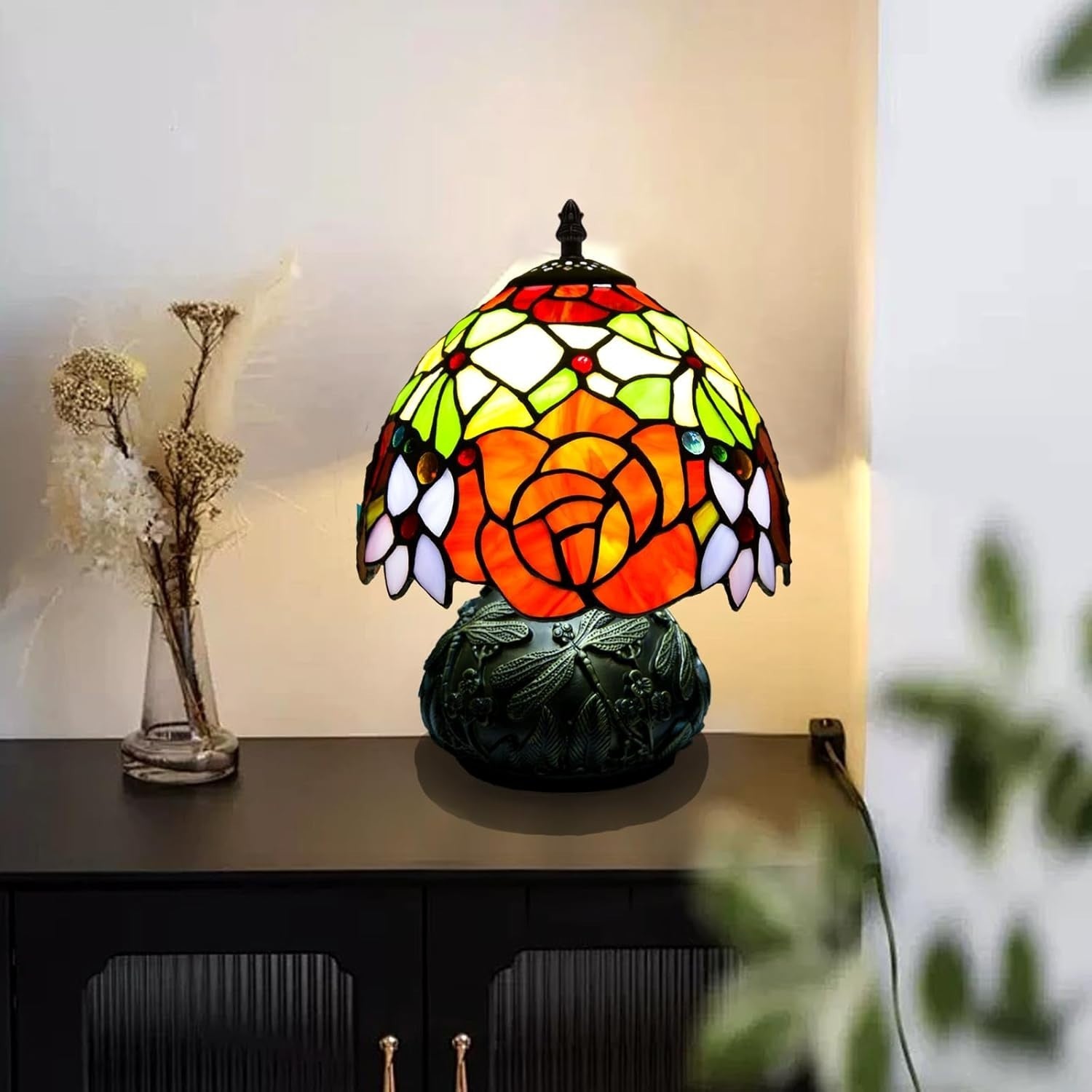Small Stained Glass Desk Lamp 8x8x11in 3 Color Temps Dragonfly Resin Base