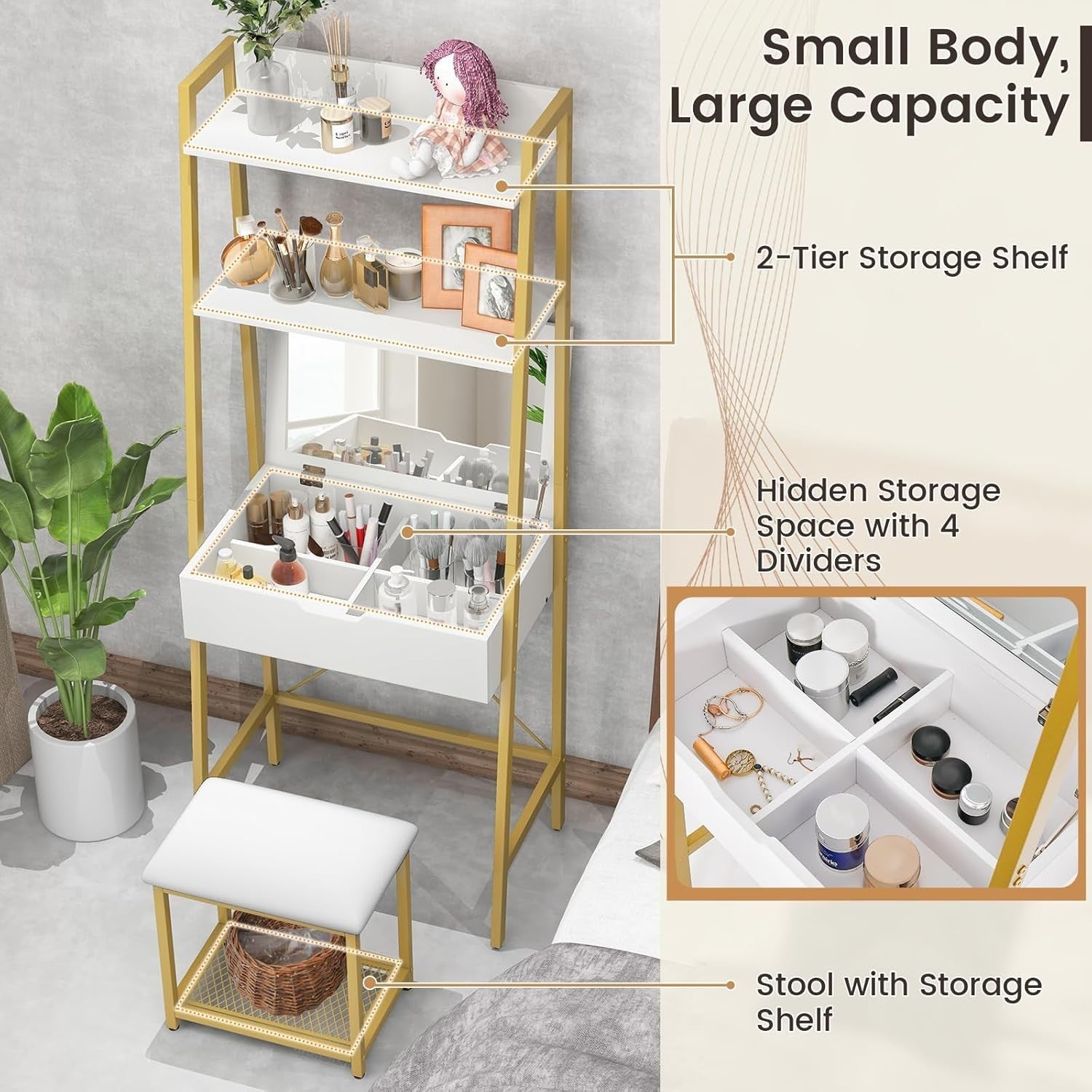 2-in-1 Flip Top Vanity Makeup Dressing Table Desk & Stool Set Storage White Gold