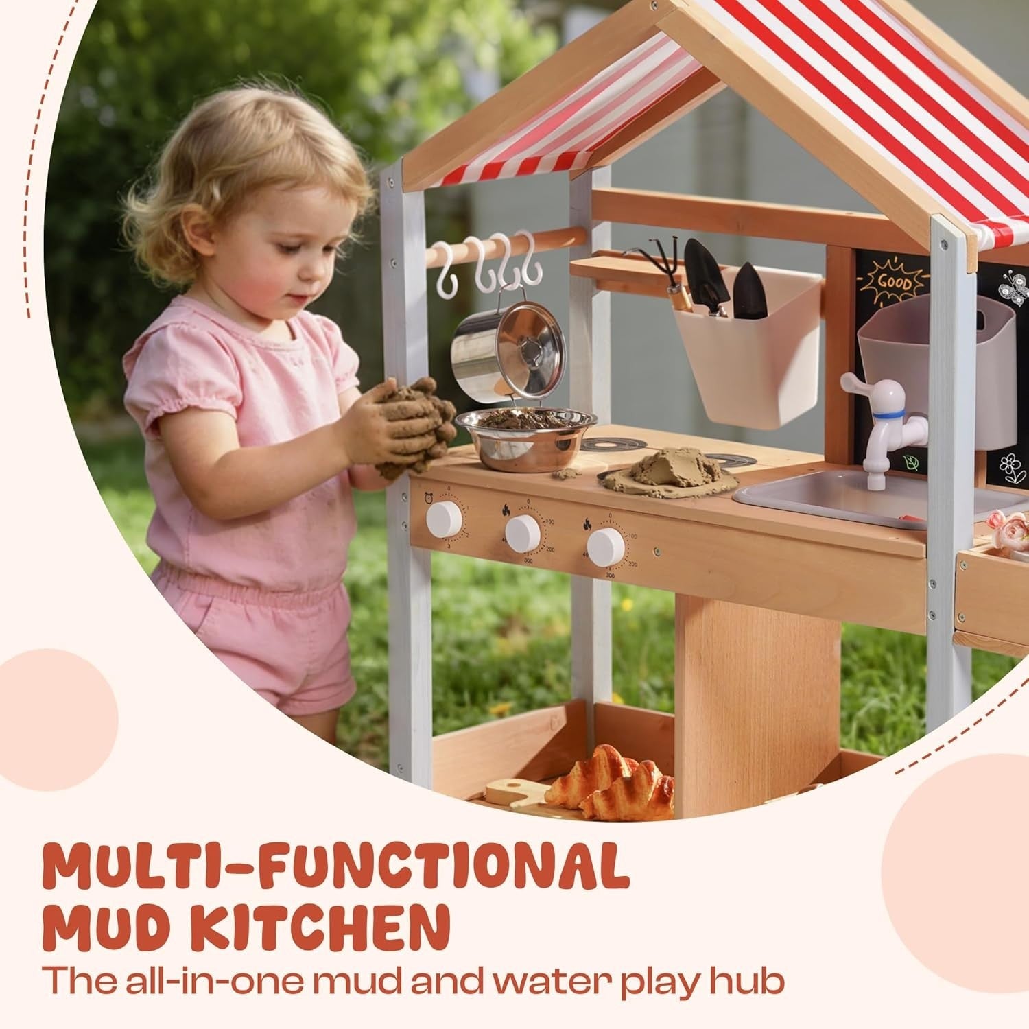 Outdoor Wooden Mud Kitchen Kids Playset Canopy Sink Garden Toy