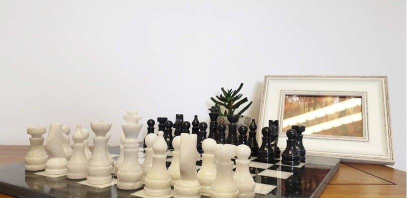 Luxury 15" Handmade Marble Chess Set Black & White Polished Stone Board