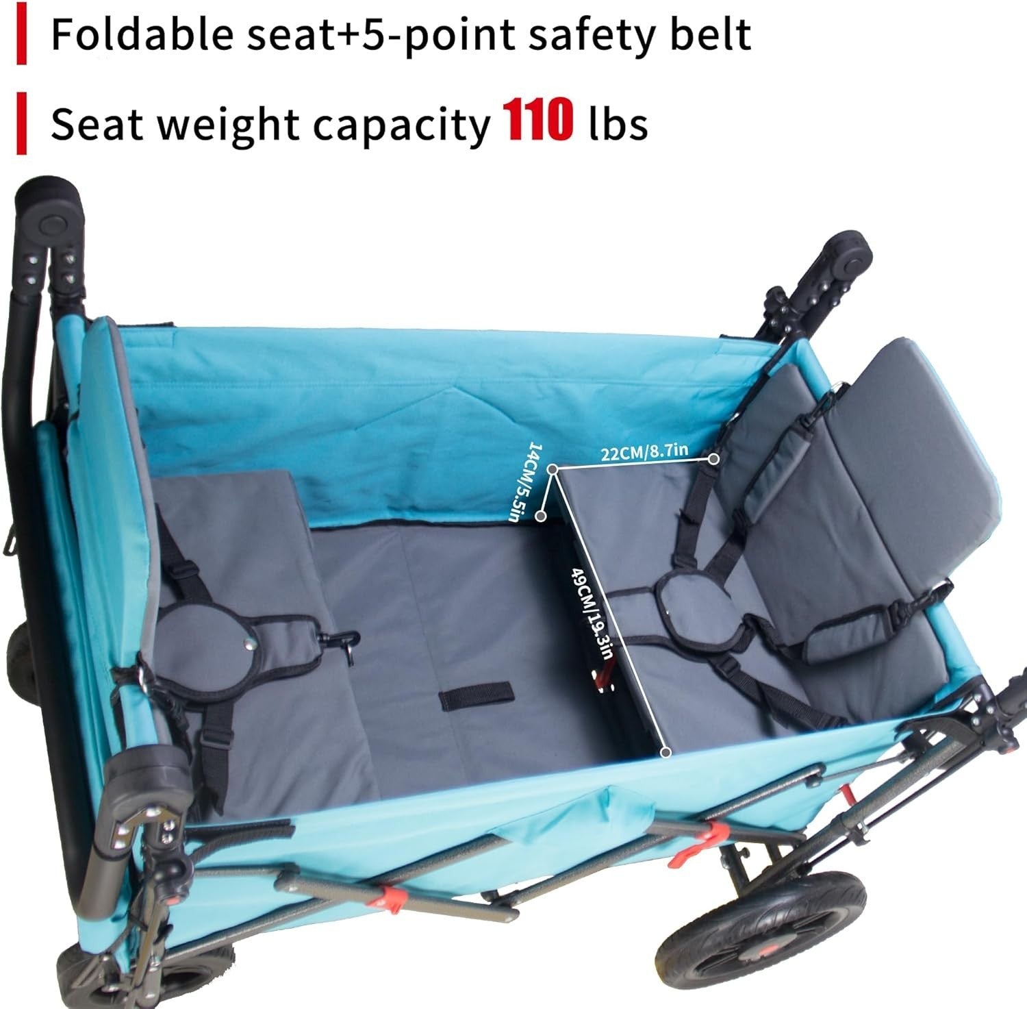 Folding Push Pull Wagon Cart 120kg Capacity w/ Canopy 2 Seats Expandable Design