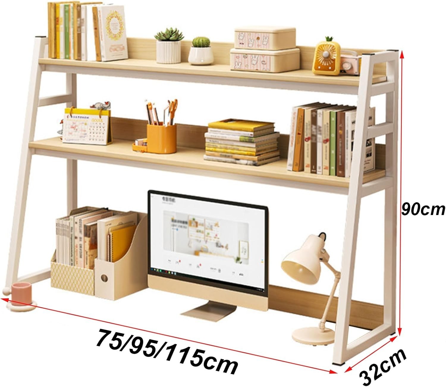 3-Tier Desktop Bookshelf Metal Frame Trapezoid Desk Hutch Storage Rack 95cm