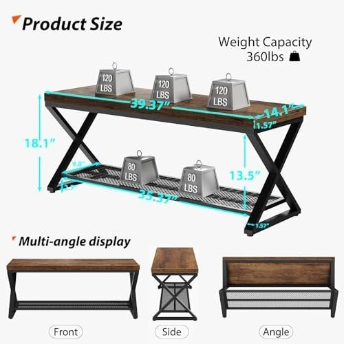 Rustic Brown Industrial Entryway Shoe Storage Bench Metal Frame Seat 99x36x46cm
