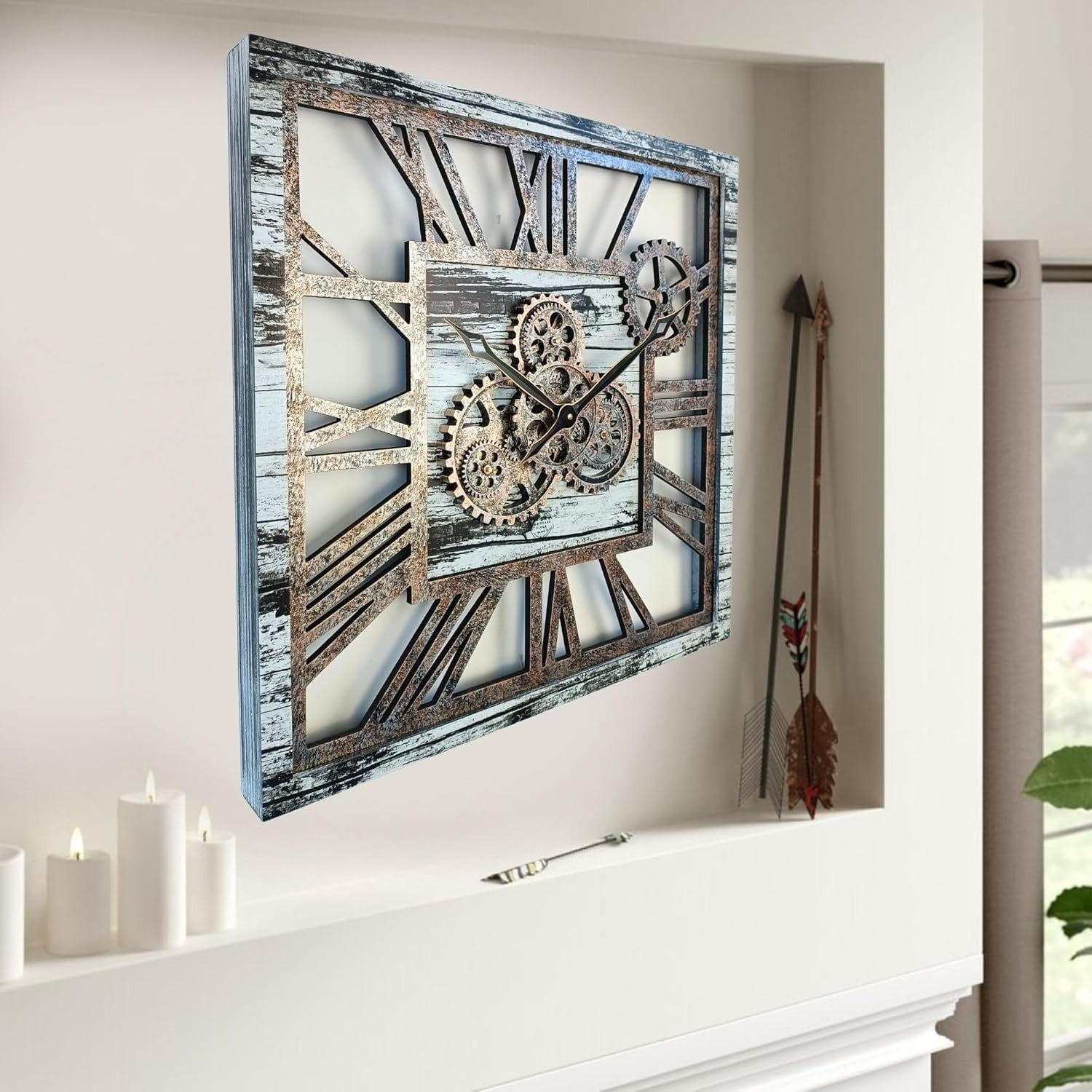 Oversized 24" Gear Wall Clock Square Grey & White Rustic Industrial Decor