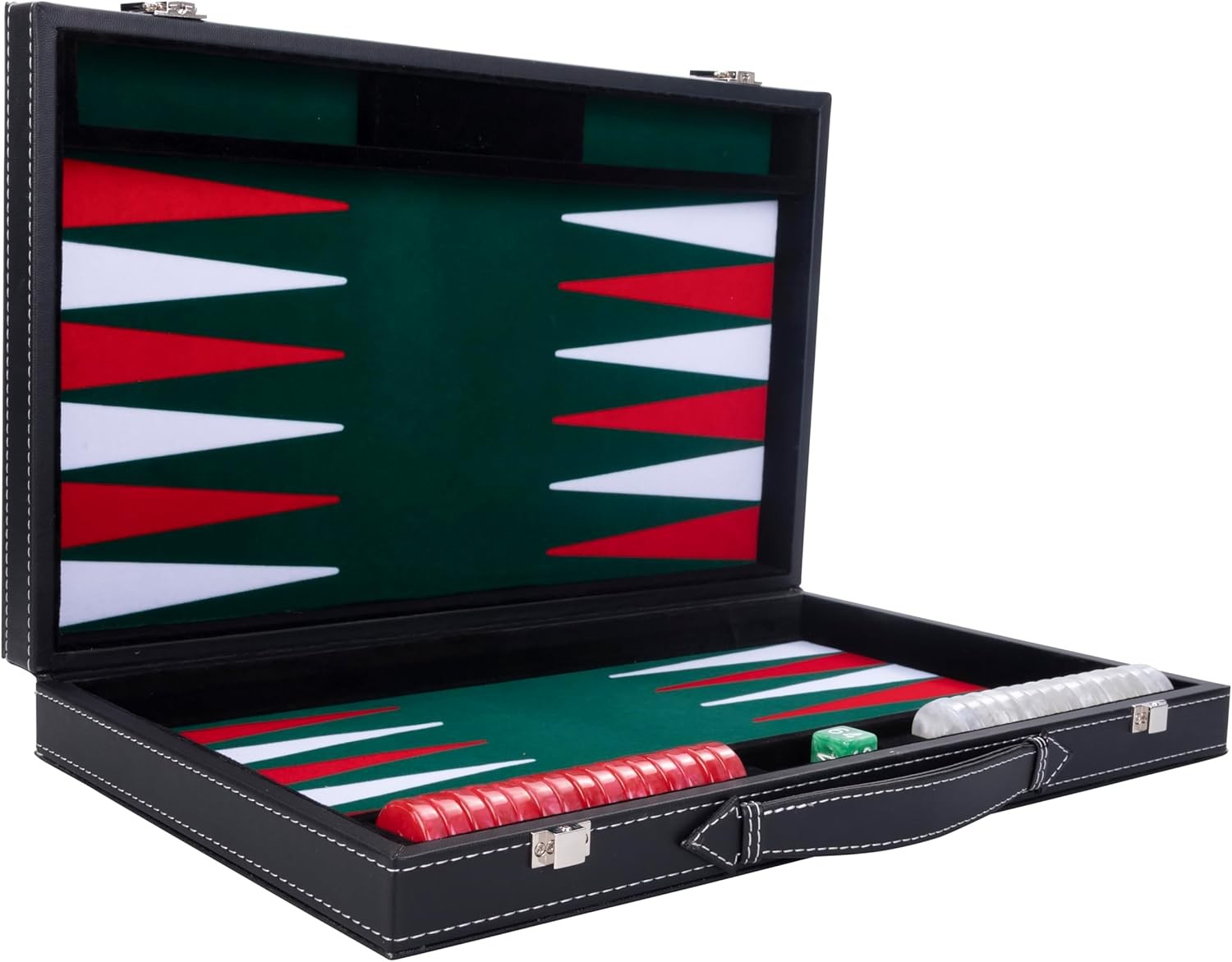 Luxury Backgammon Set 15in Faux Leather Case Travel Board Game with Dice