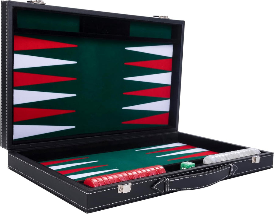 Luxury Backgammon Set 15in Faux Leather Case Travel Board Game with Dice