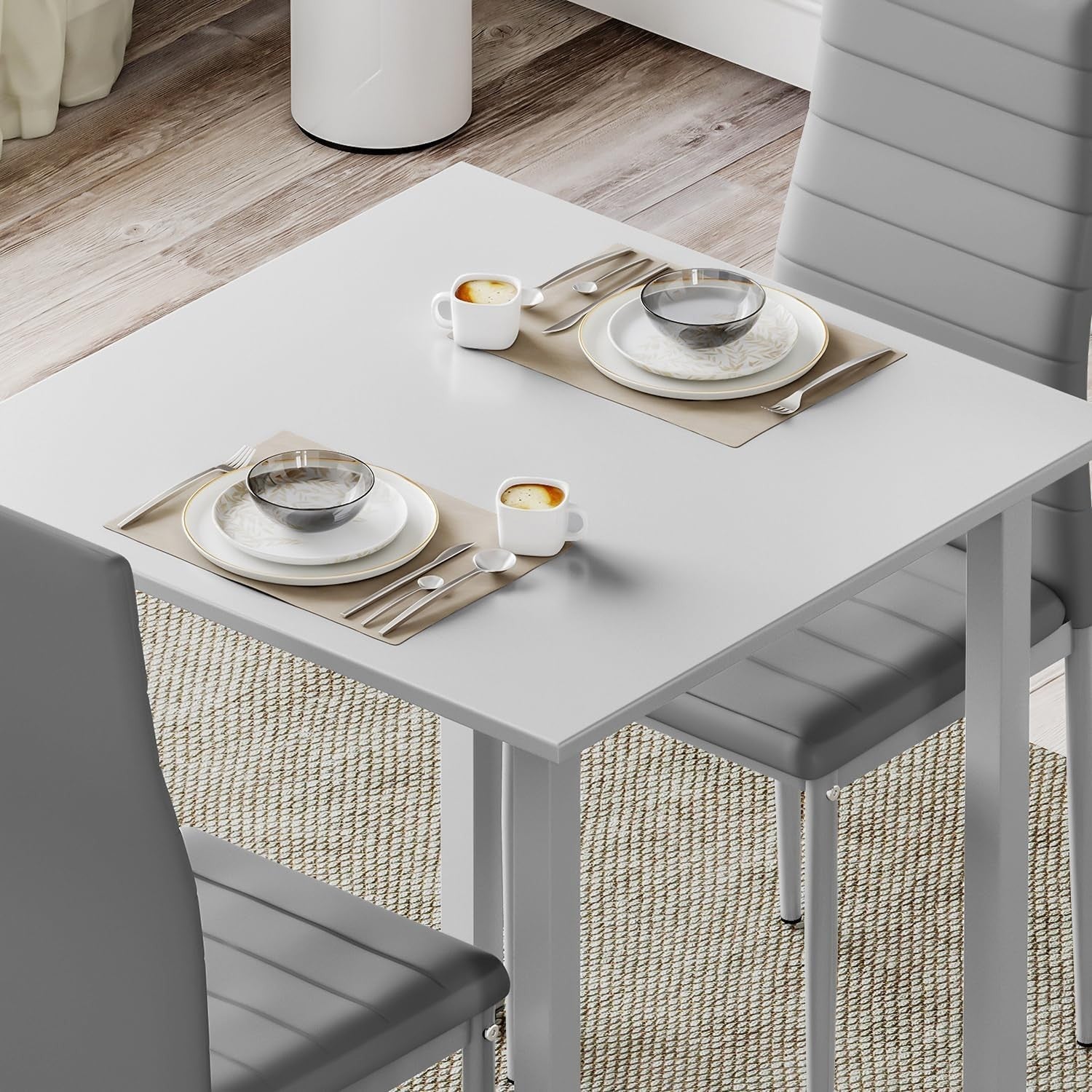 Modern Grey Dining Table Set 2 Faux Leather Chairs Kitchen Small Room