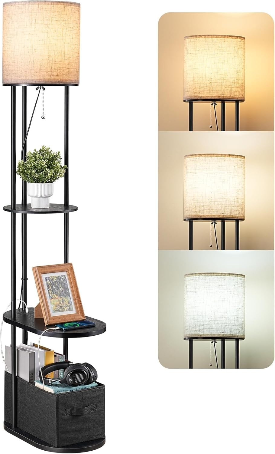 LED Floor Lamp with Storage Shelves, USB Charging, 3 Color Temps, 65” Tall