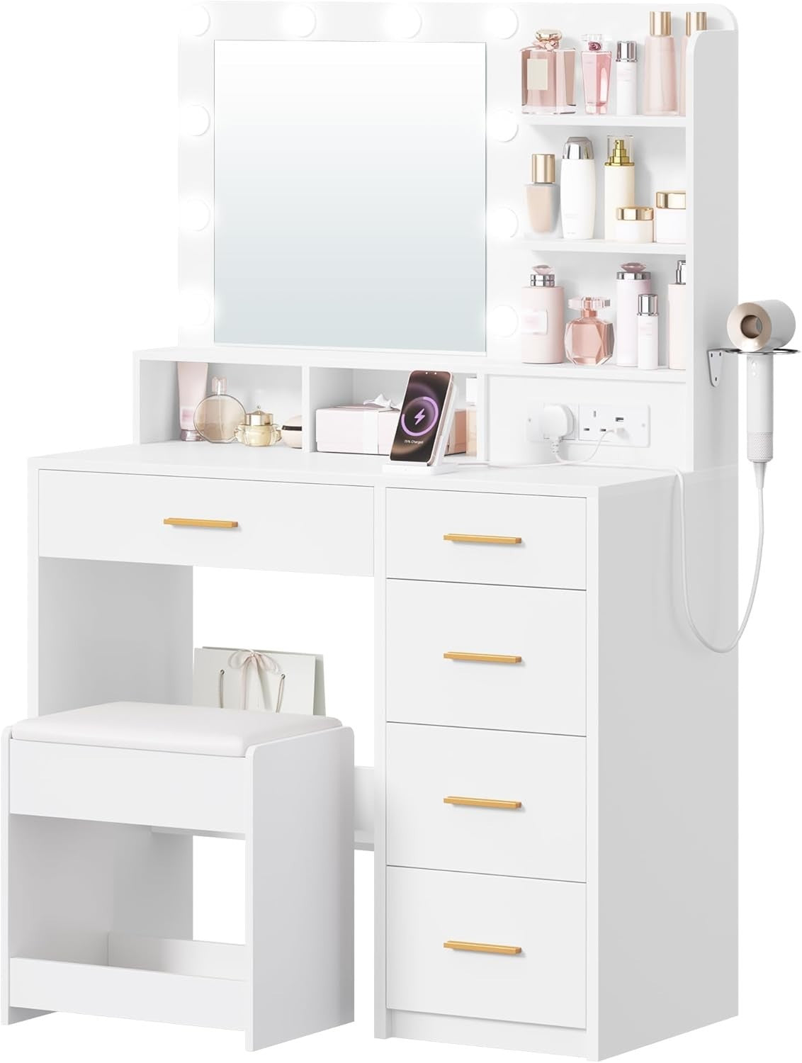 White Vanity Dressing Table Set LED Mirror Power Outlet 5 Drawers Stool Storage