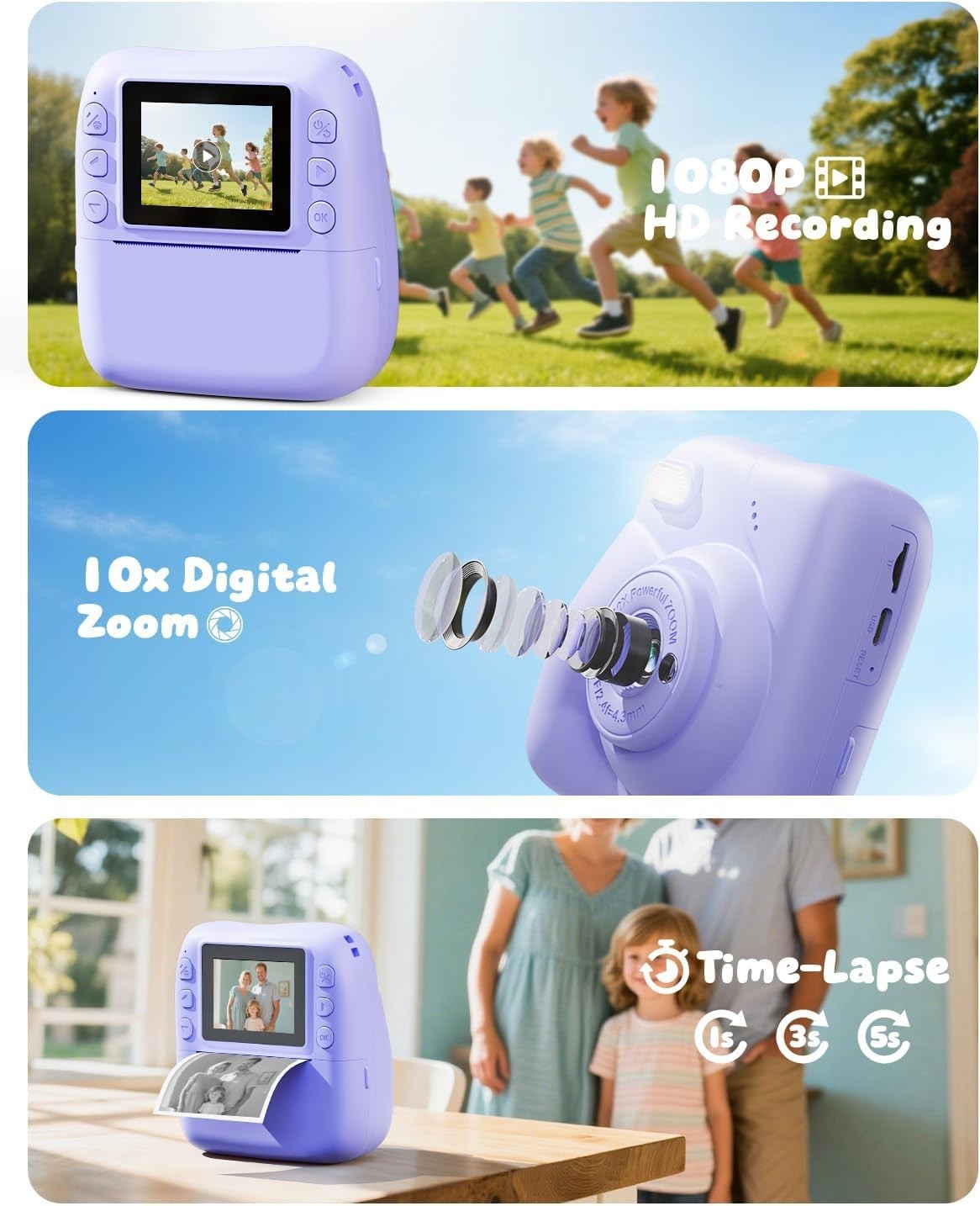 Kids Instant Print Camera 48MP 1080P Video 32GB Card Purple Gift