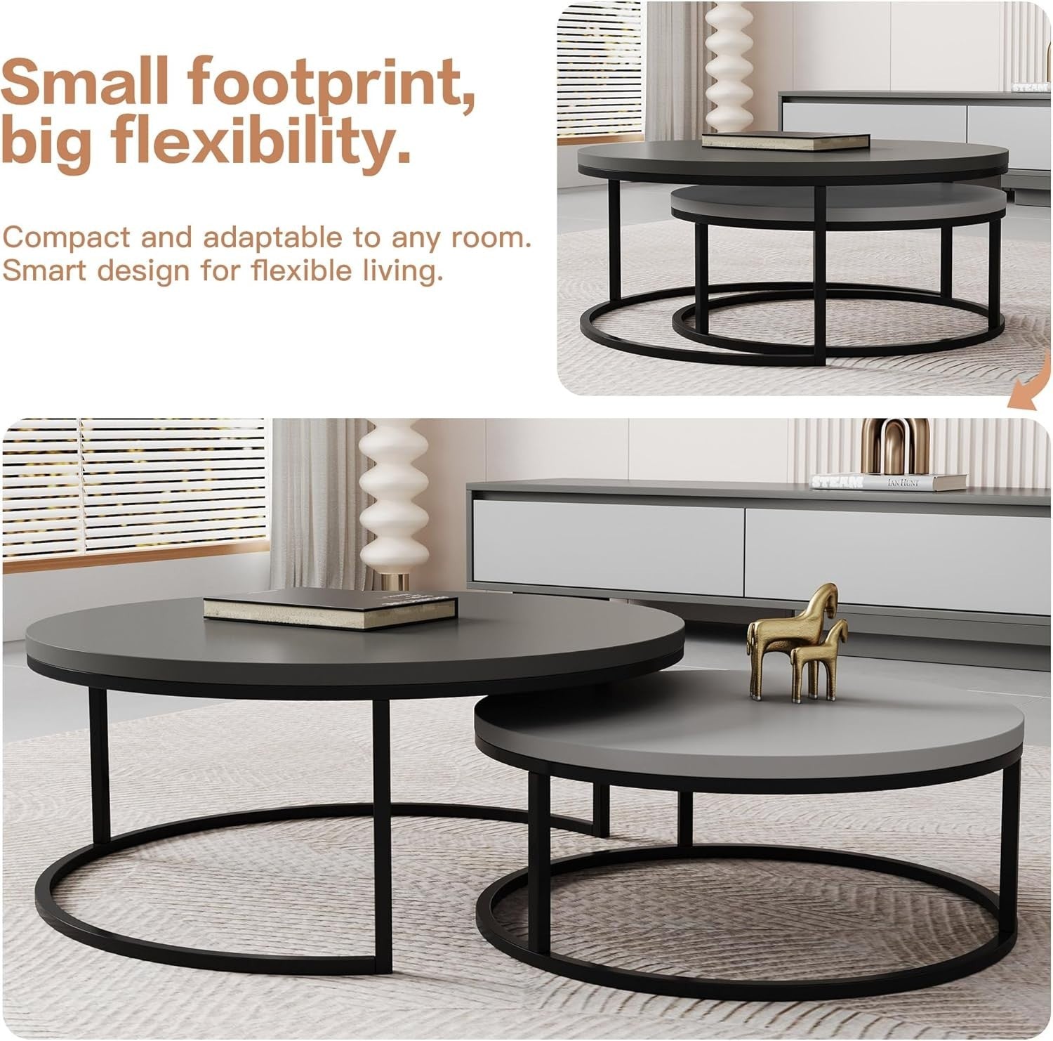Round Nesting Coffee Table Set of 2 Dark/Light Grey Wood Top Metal Frame