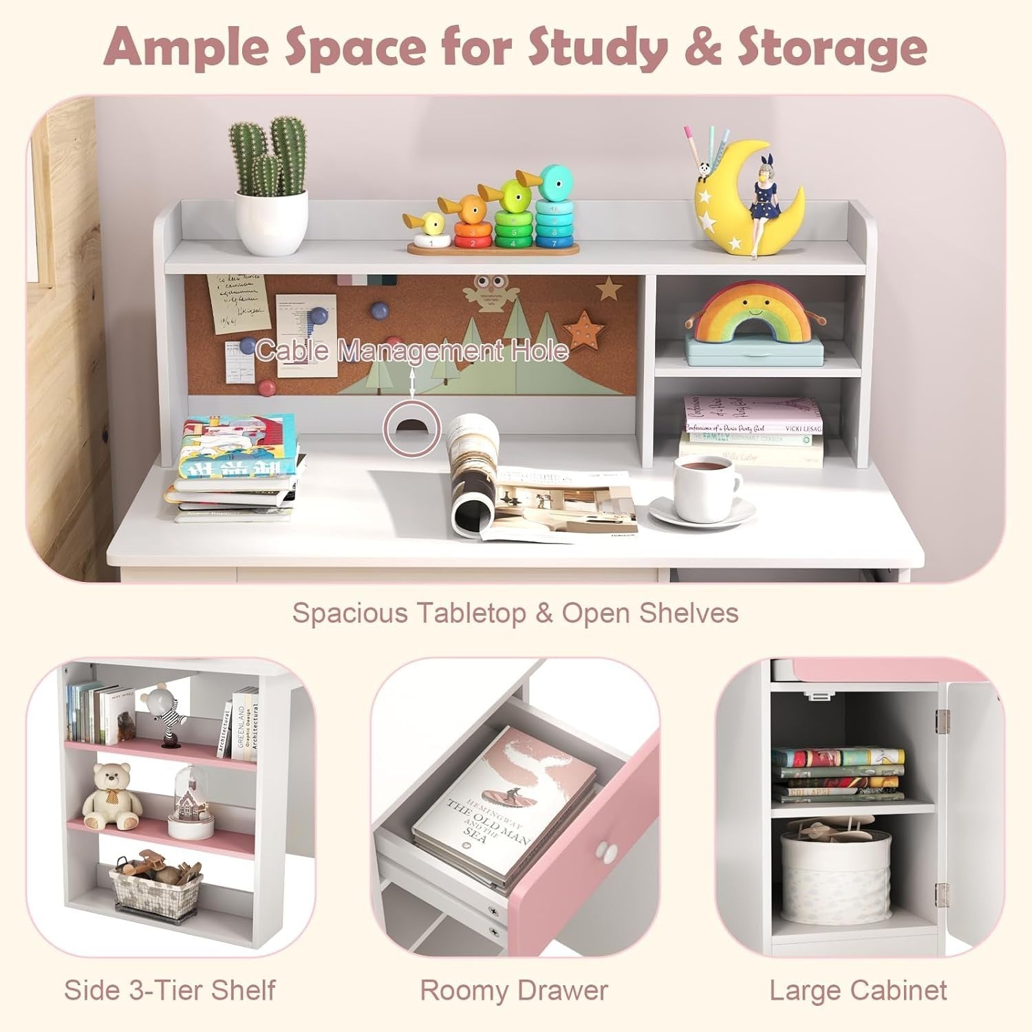 Kids Study Desk & Chair Set Pink White – Storage Shelves, Drawer, Cork Board