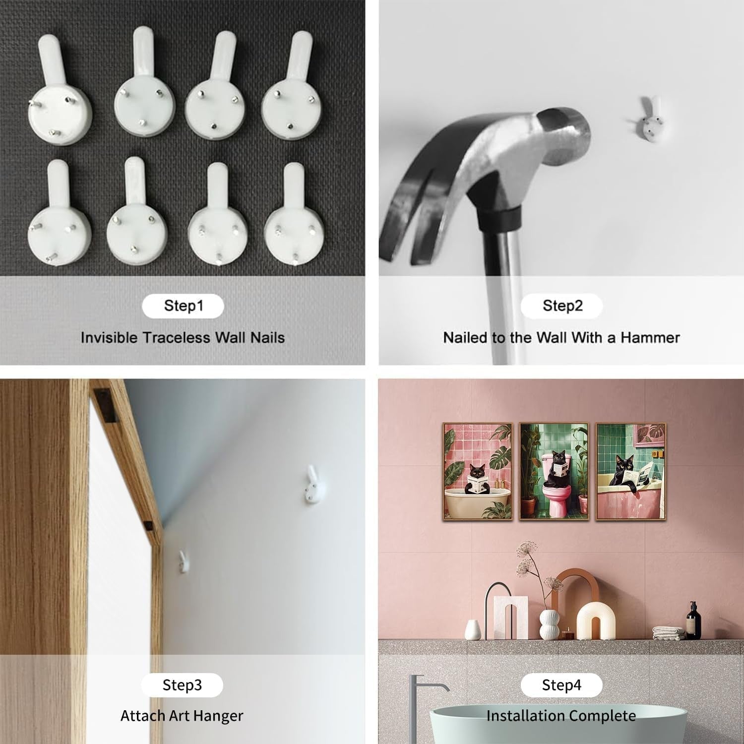 Funny Black Cat Bathroom Framed Canvas Wall Art Set 3 Pink Green Toilet Decor