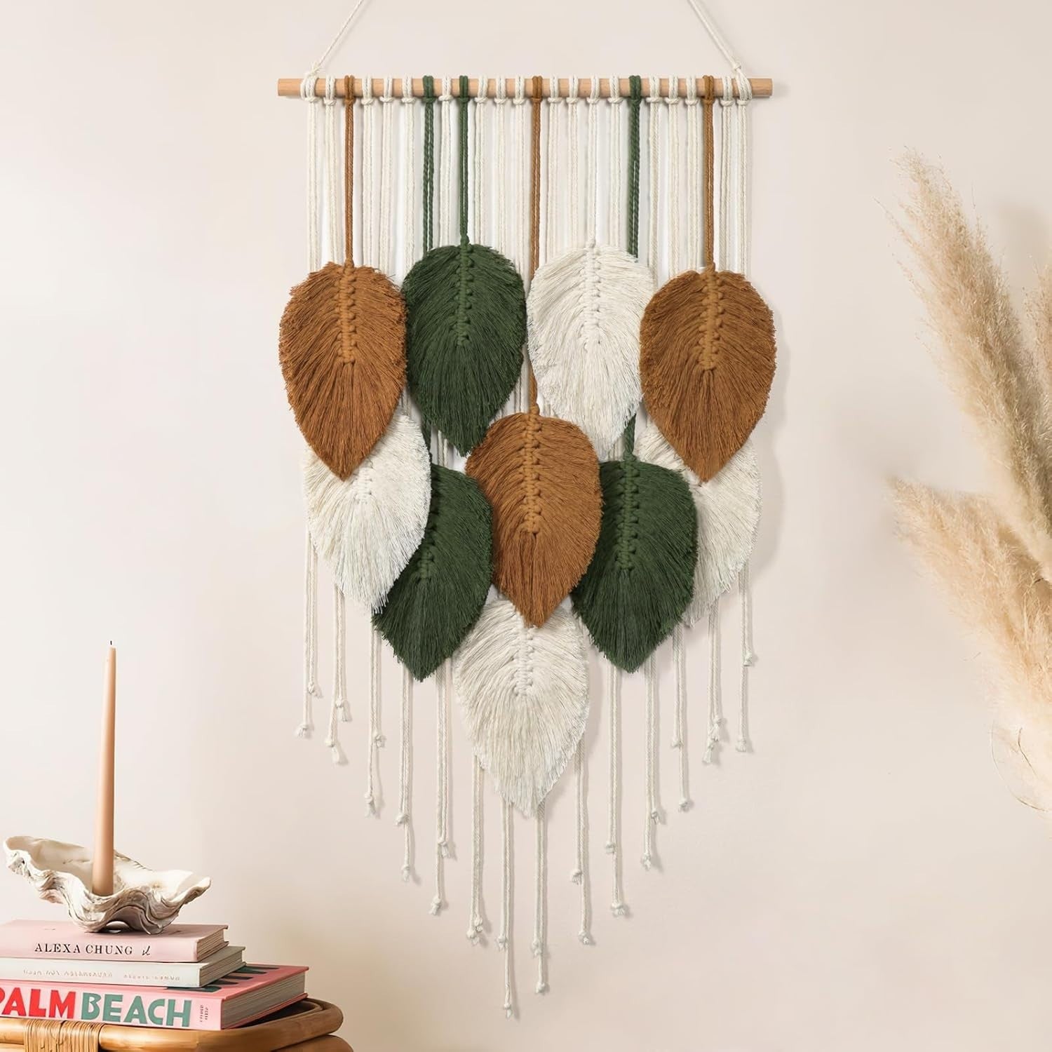 Small Macrame Wall Hanging Boho Leaf Woven Tapestry 42x72cm