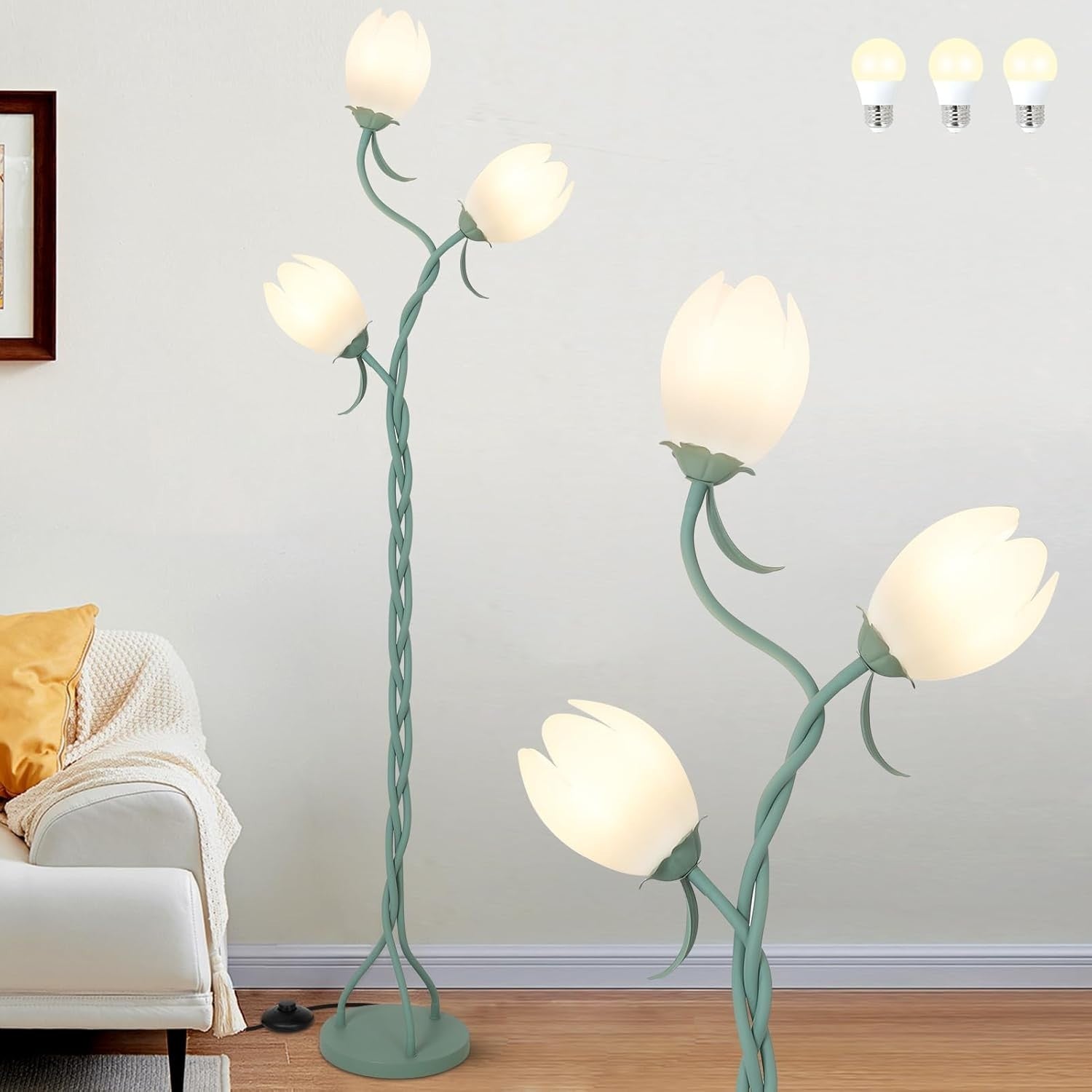 3-Light Floor Lamp Tulip Shades Adjustable LED Standing Lamp for Living Room