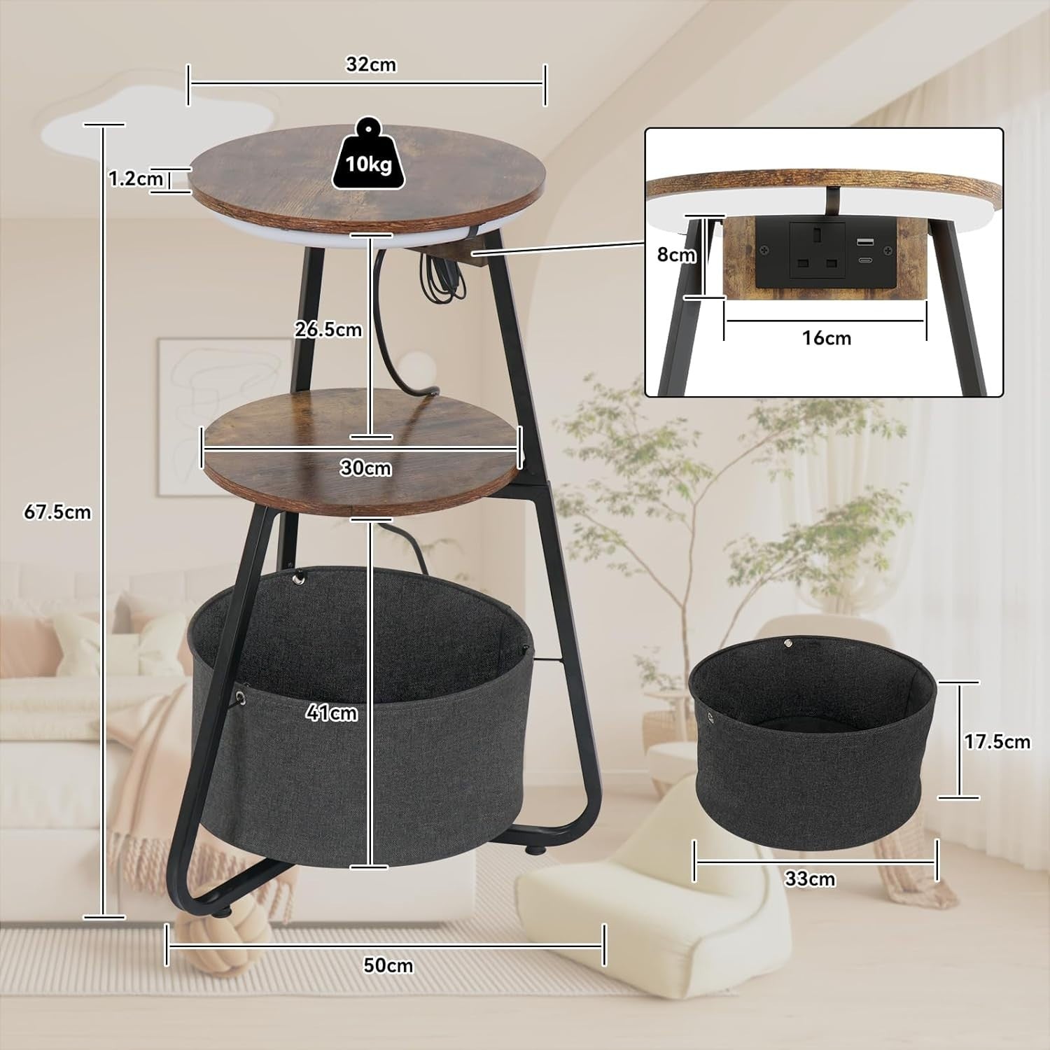 Round Side Table with Charging Station, 3-Color LED & 3-Tier Storage Shelf