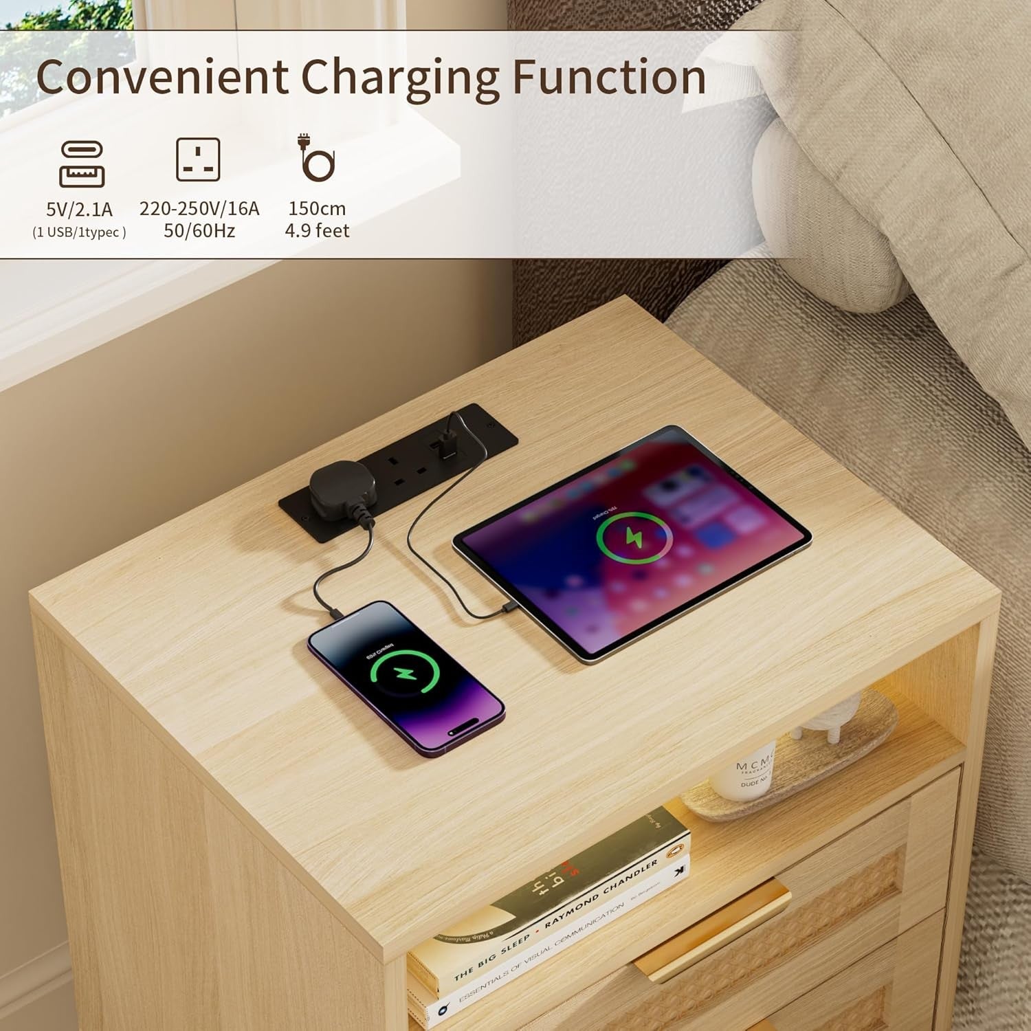 Set of 2 Bedside Table,Nightstand with Charging Station and LED Lights, Bedside