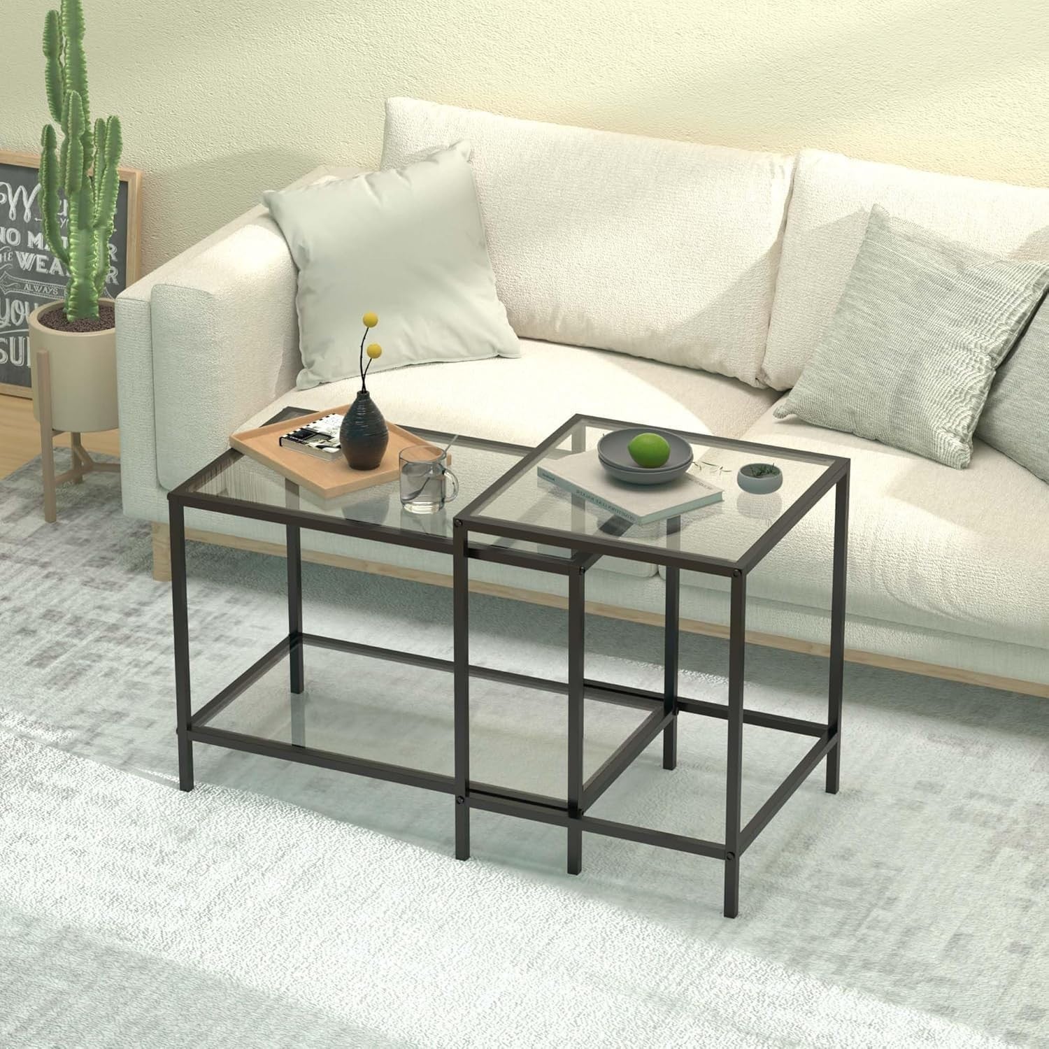 Modern Nesting Coffee End Table Set Glass Top Black Iron Frame Rectangular