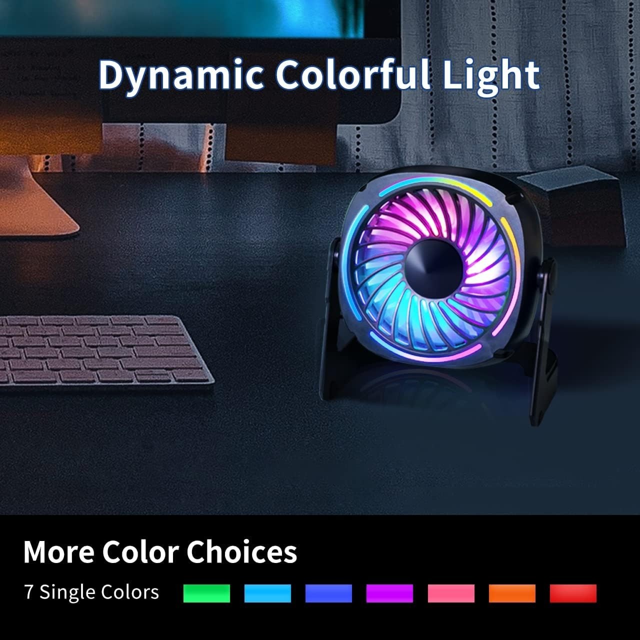 Black USB Desk Fan – 5.3" Portable 3-Speed Fan w/ 8-Color LED & 360° Rotation