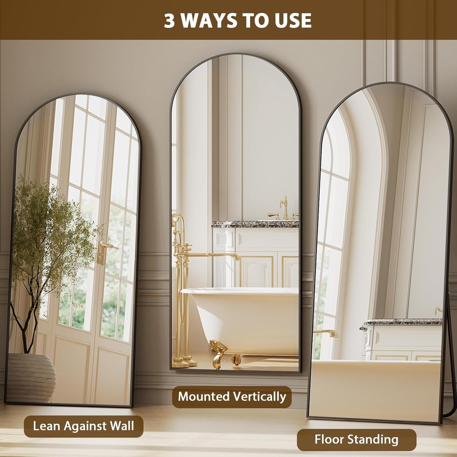 Full-Length Arched Mirror 142x52cm Shatterproof Aluminum Frame