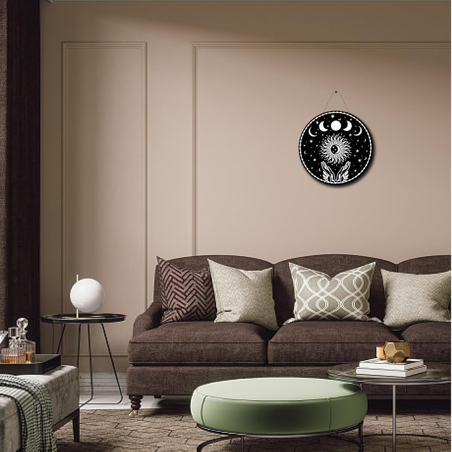 Moon Phase Wood Wall Decor Round 11.8in Boho Witch Art