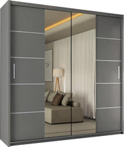 Grey Sliding Wardrobe Mirror Doors 203cm Storage Rails Modern Style