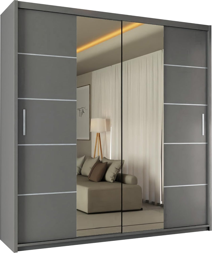 Grey Sliding Wardrobe Mirror Doors 203cm Storage Rails Modern Style