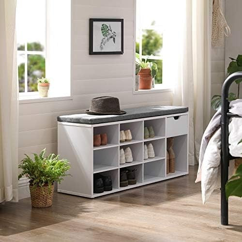 Modern White & Grey Shoe Storage Bench with Cushion, Drawer & Open Compartments
