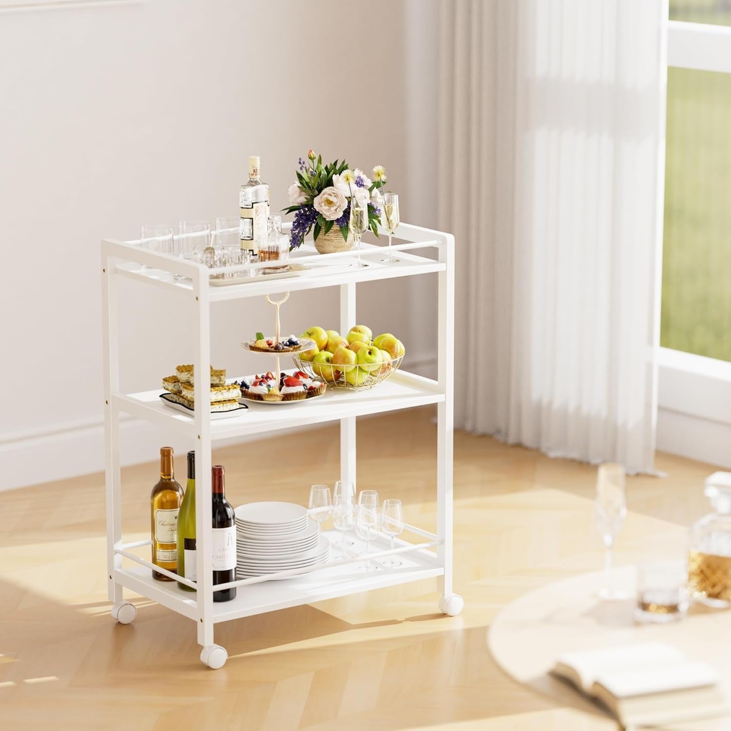 64x40x85cm White Bar Cart 3 Tier Rolling Drinks Trolley