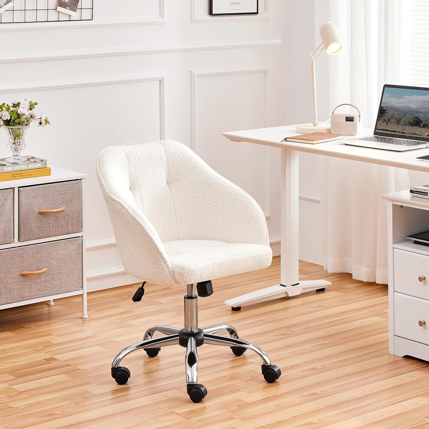 Boucle Office Desk Chair Adjustable Height Swivel Armchair Ivory Home Office Fur