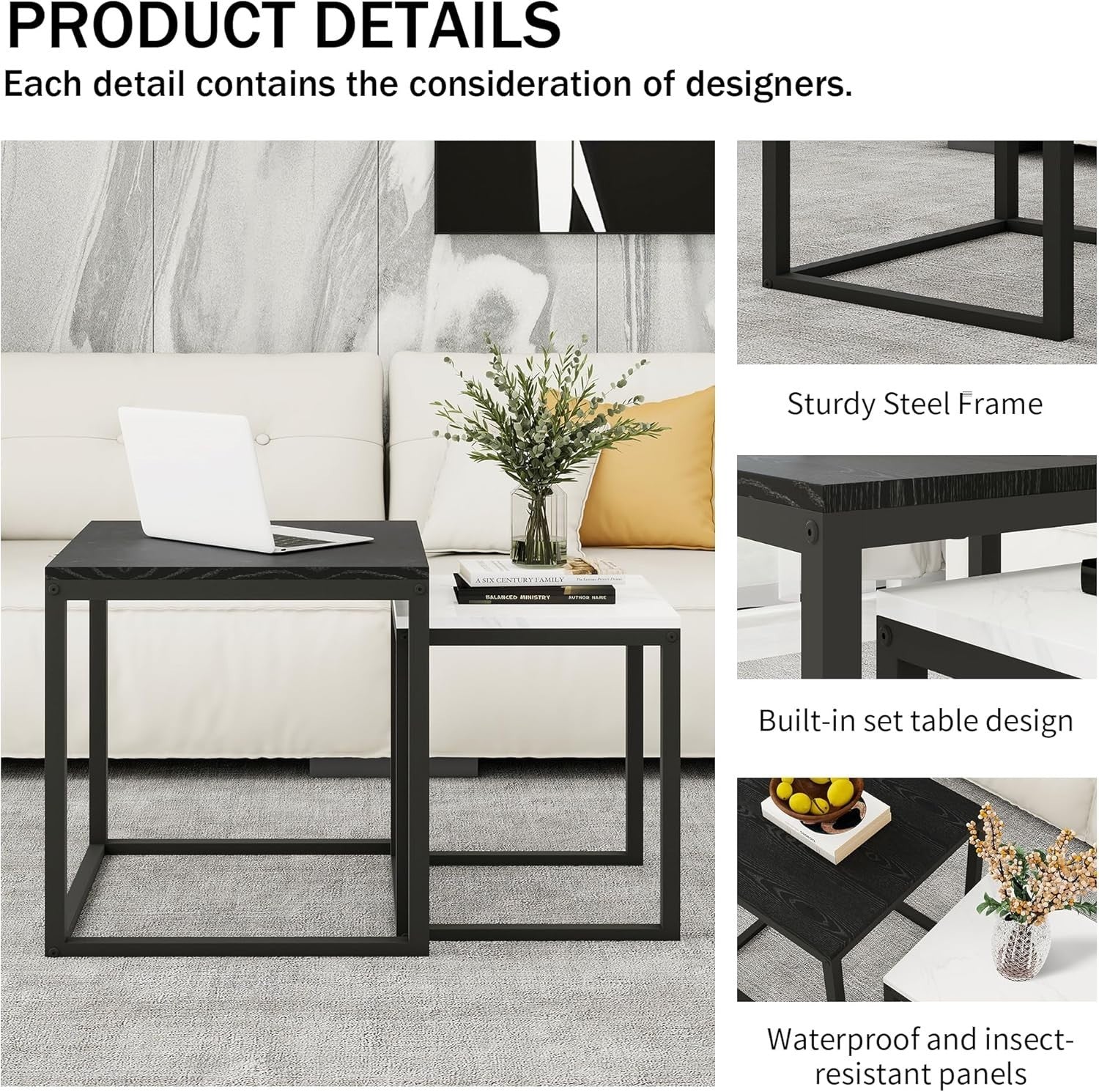 Nesting Coffee Table Set Modern 2PCS Black White Side End Tables Metal Wood