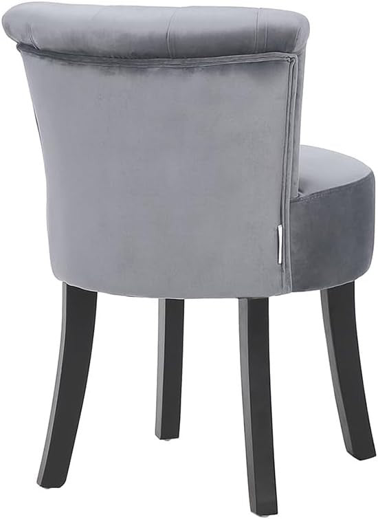 Grey Velvet Vanity Chair with Tufted Back and Wooden Legs – Comfy Makeup Seat