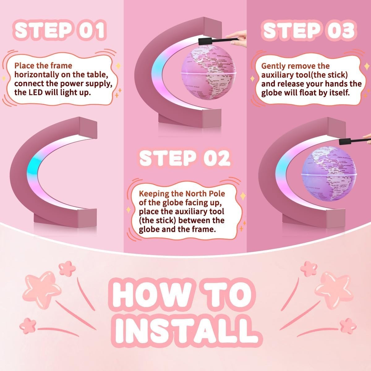Magnetic Levitating Globe Pink LED Floating Desk Self-Rotating Lamp