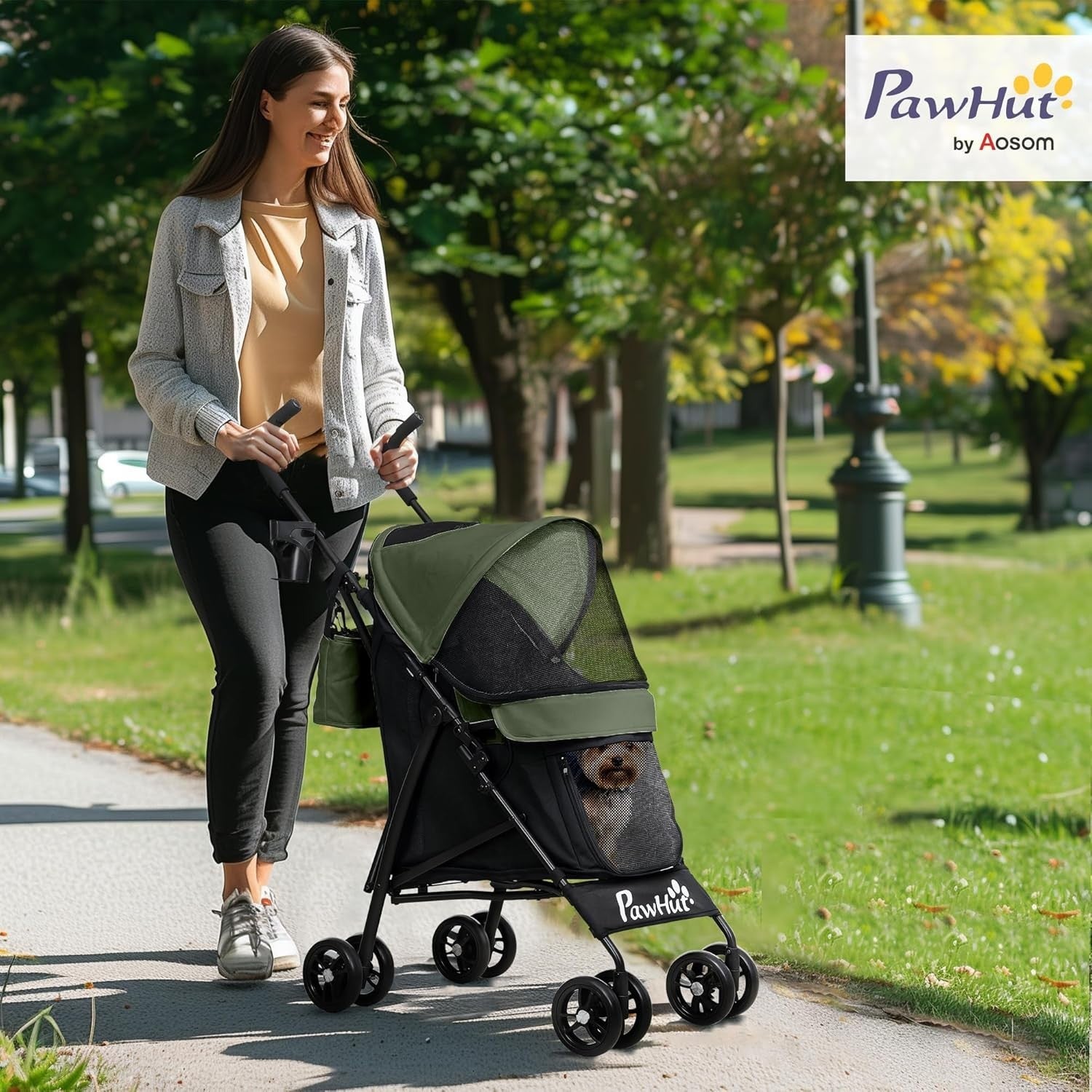 Lightweight Dog Stroller Foldable Pet Pram with Strap Cup Holder Green