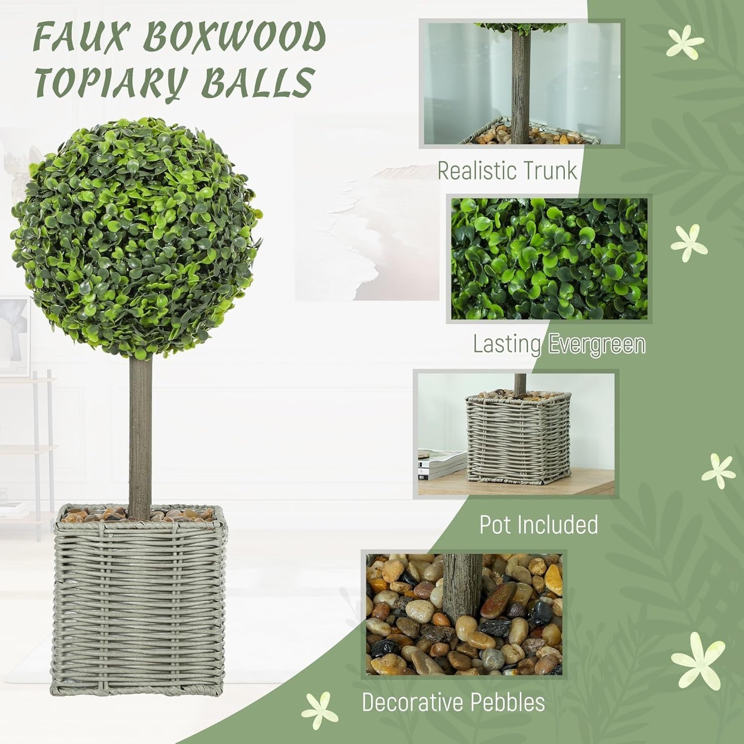 2pcs 50cm Artificial Boxwood Topiary Balls with Woven Pots Indoor Outdoor Decor