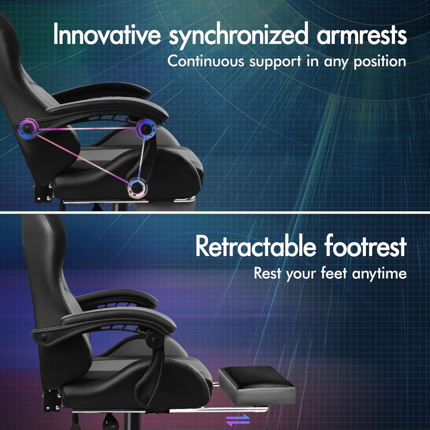 Grey Gaming Chair XL Massage Lumbar Footrest Ergonomic High Back PU Leather