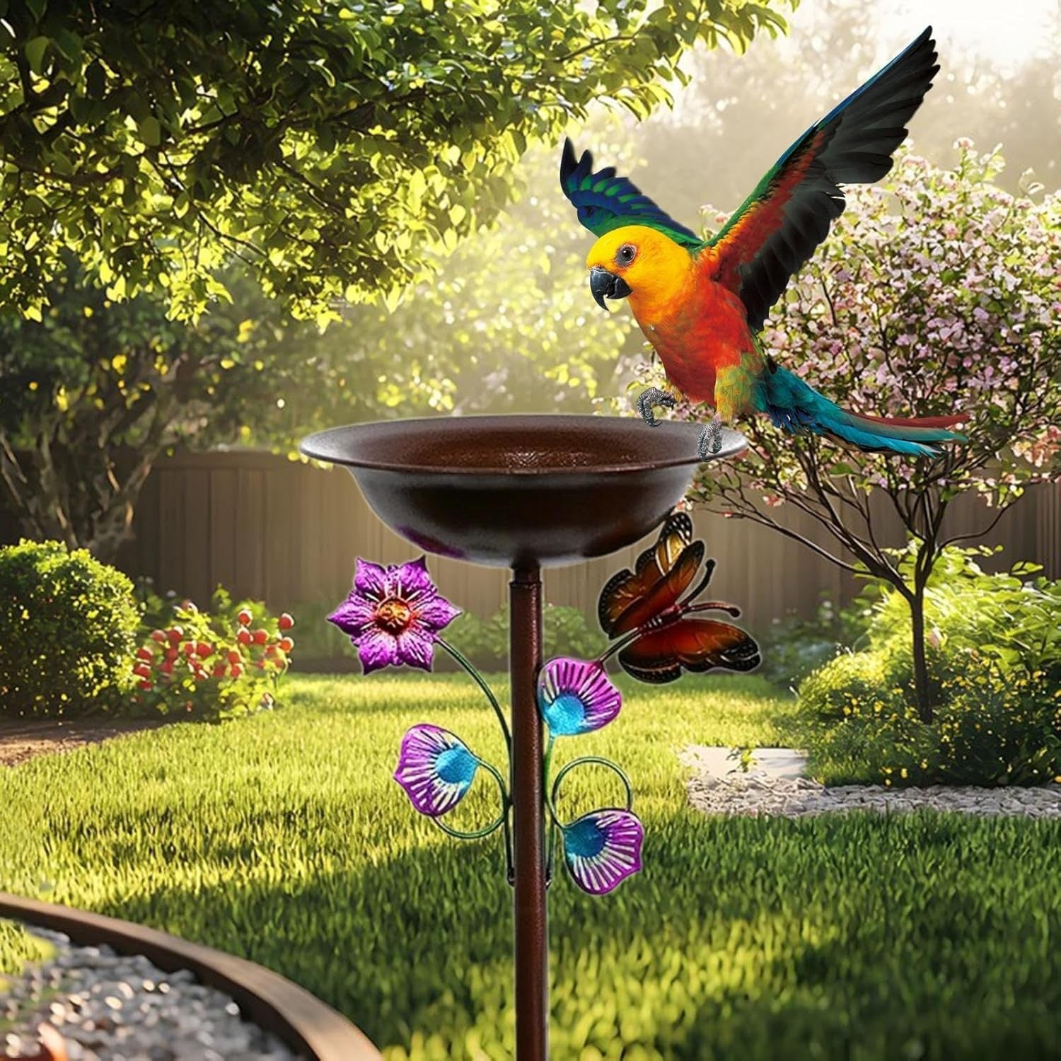 Outdoor Bird Bath Feeder Metal Butterfly Garden Stand Decor for Patio & Lawn