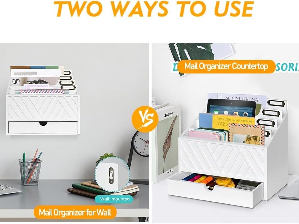 Wood Desk Organizer with 4 Compartments & Drawer – Mail, Files, Stationery