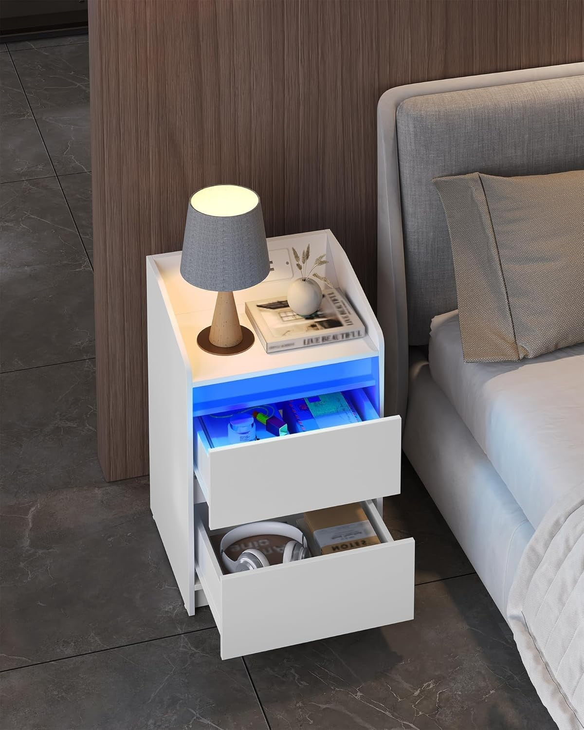 Set of 2 LED Bedside Tables with USB Charging Station Modern White Drawers