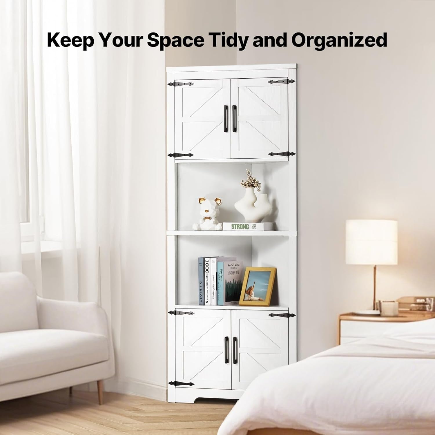 Corner Kitchen Storage Cabinet 68" Tall, 4 Doors, Adjustable Shelves, Space Save