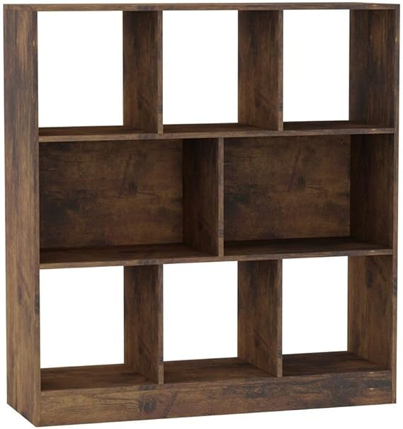 Rustic Brown 8-Cube Asymmetrical Bookcase – Freestanding Storage Display Unit