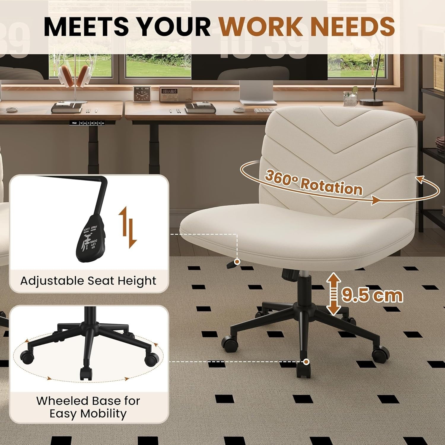Armless Office Desk Chair Padded Cross Legged Swivel Adjustable Height Beige
