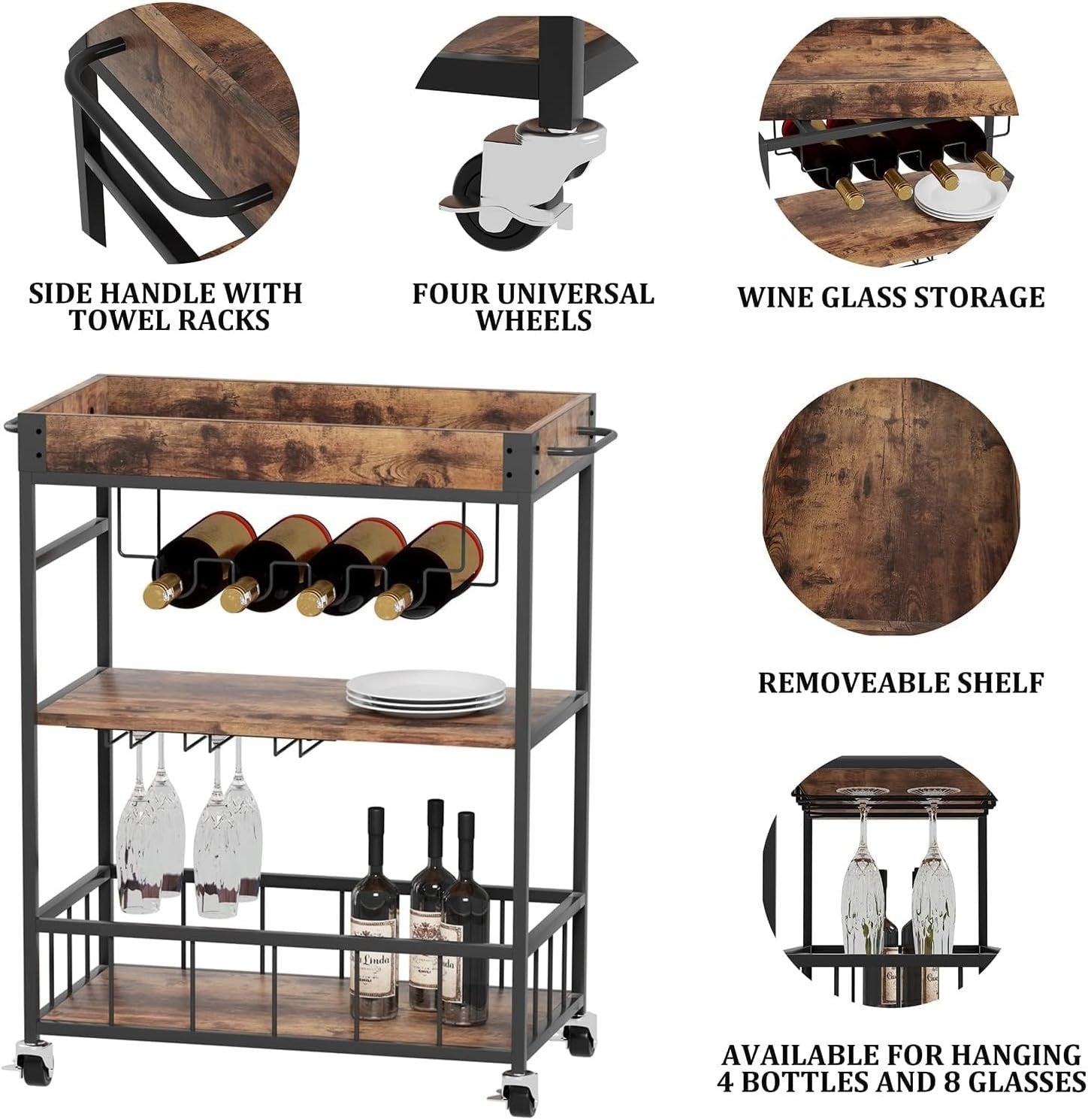 3 Tier Bar Cart Drinks Trolley with Wine Rack & Glass Holder